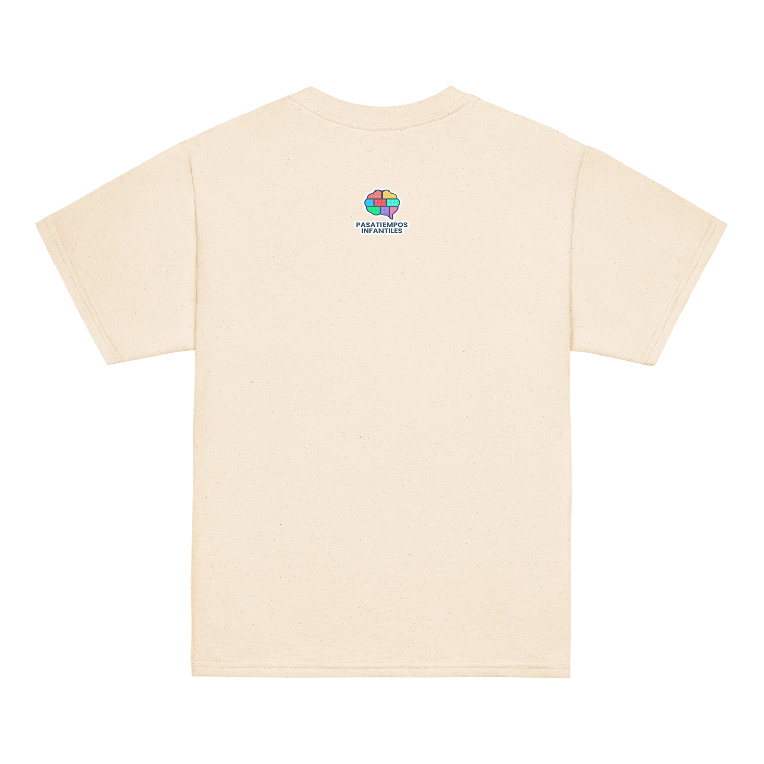 Parte trasera de la camiseta infantil color natural con logo de Pasatiempos Infantiles