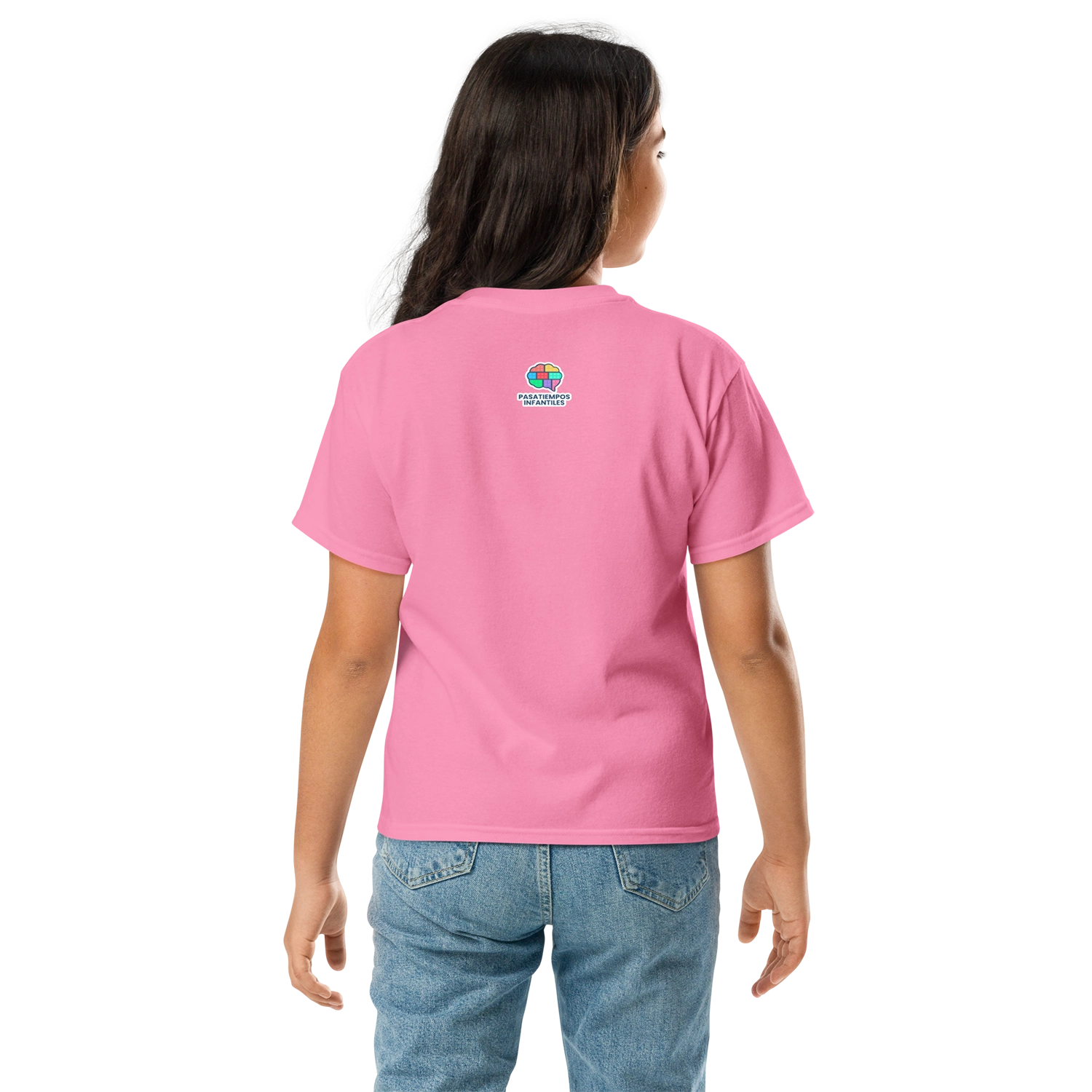 Parte trasera de camiseta infantil personalizada con logo Pasatiempos Infantiles.