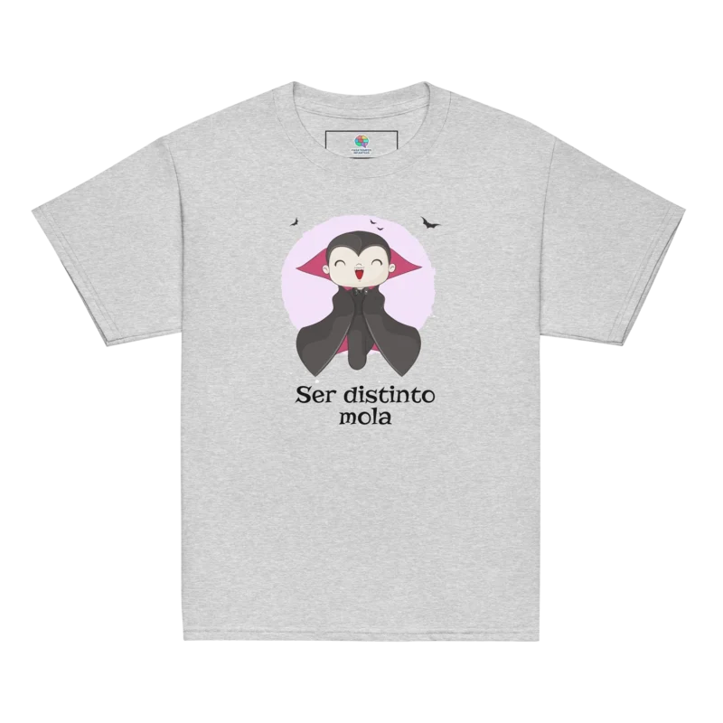 Camiseta infantil Vampi con texto "Ser distinto mola" vista frontal color gris