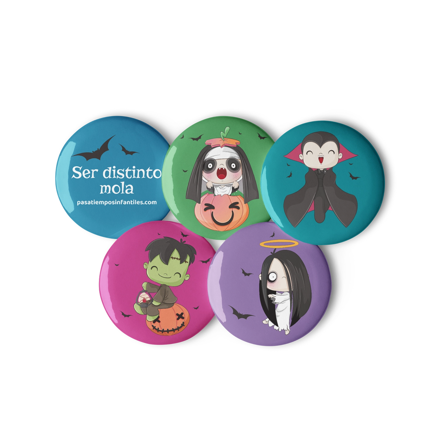 Set de chapas pequeñas infantiles con personajes de Halloween de Pasatiempos Infantiles sobre fondo de colores