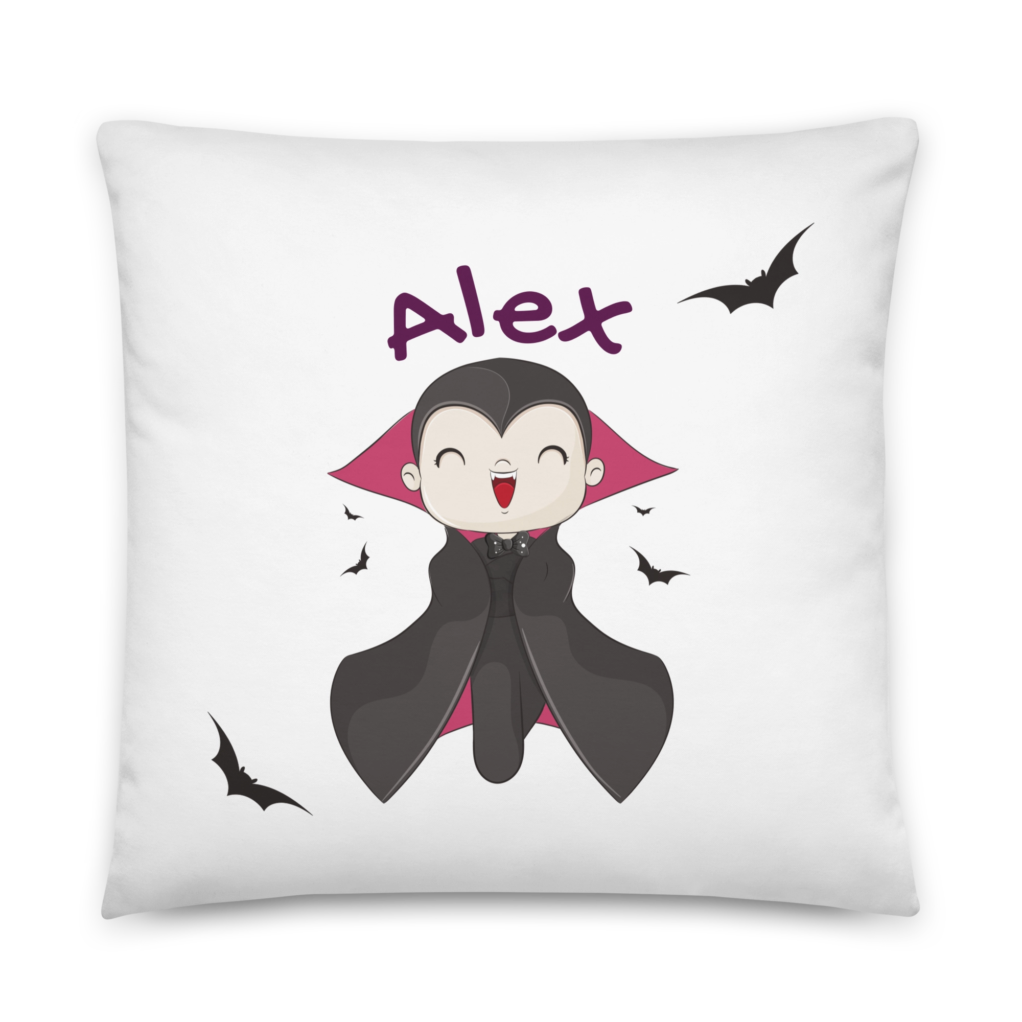 Cojín infantil personalizado con nombre, modelo Alex, diseño de vampiro sonriente