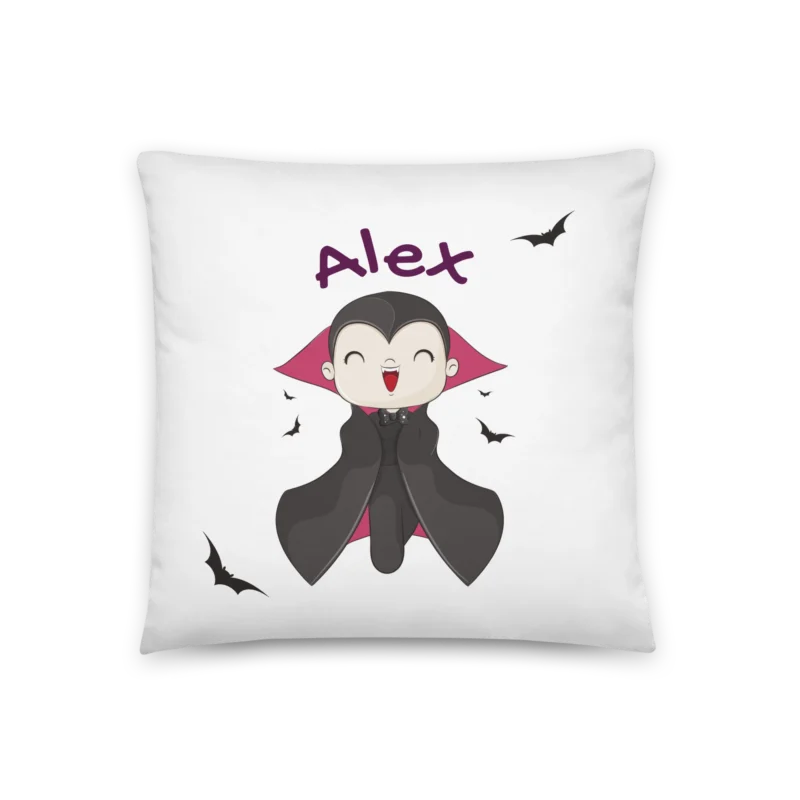 Cojín infantil personalizado con nombre, modelo Alex, diseño de vampiro sonriente.