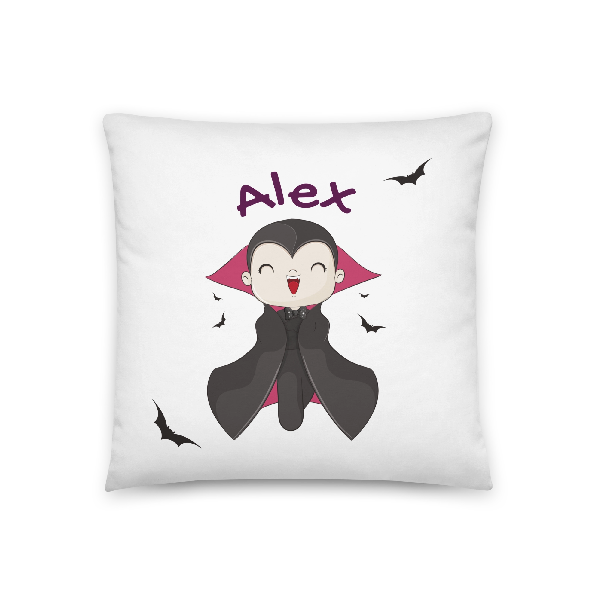 Cojín infantil personalizado con nombre, modelo Alex, diseño de vampiro sonriente.