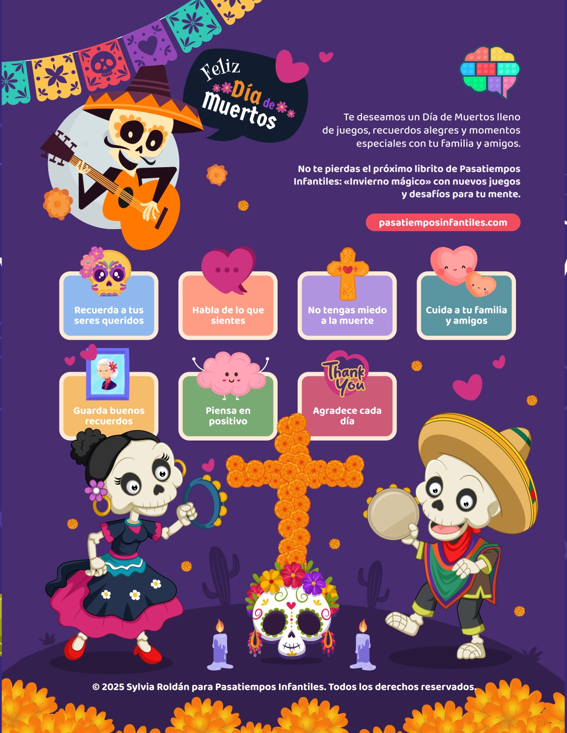 contraportada libro de pasatiempos infantiles en papeles especial Día de Muertos 2025