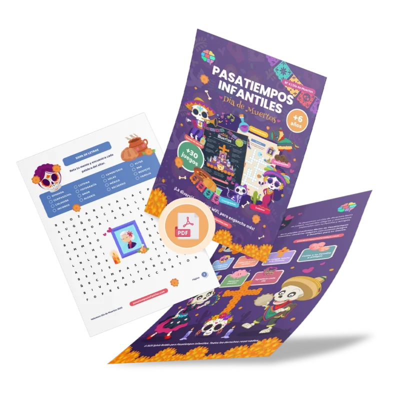libro de pasatiempos infantiles especial Día de Muertos en PDF para imprimir