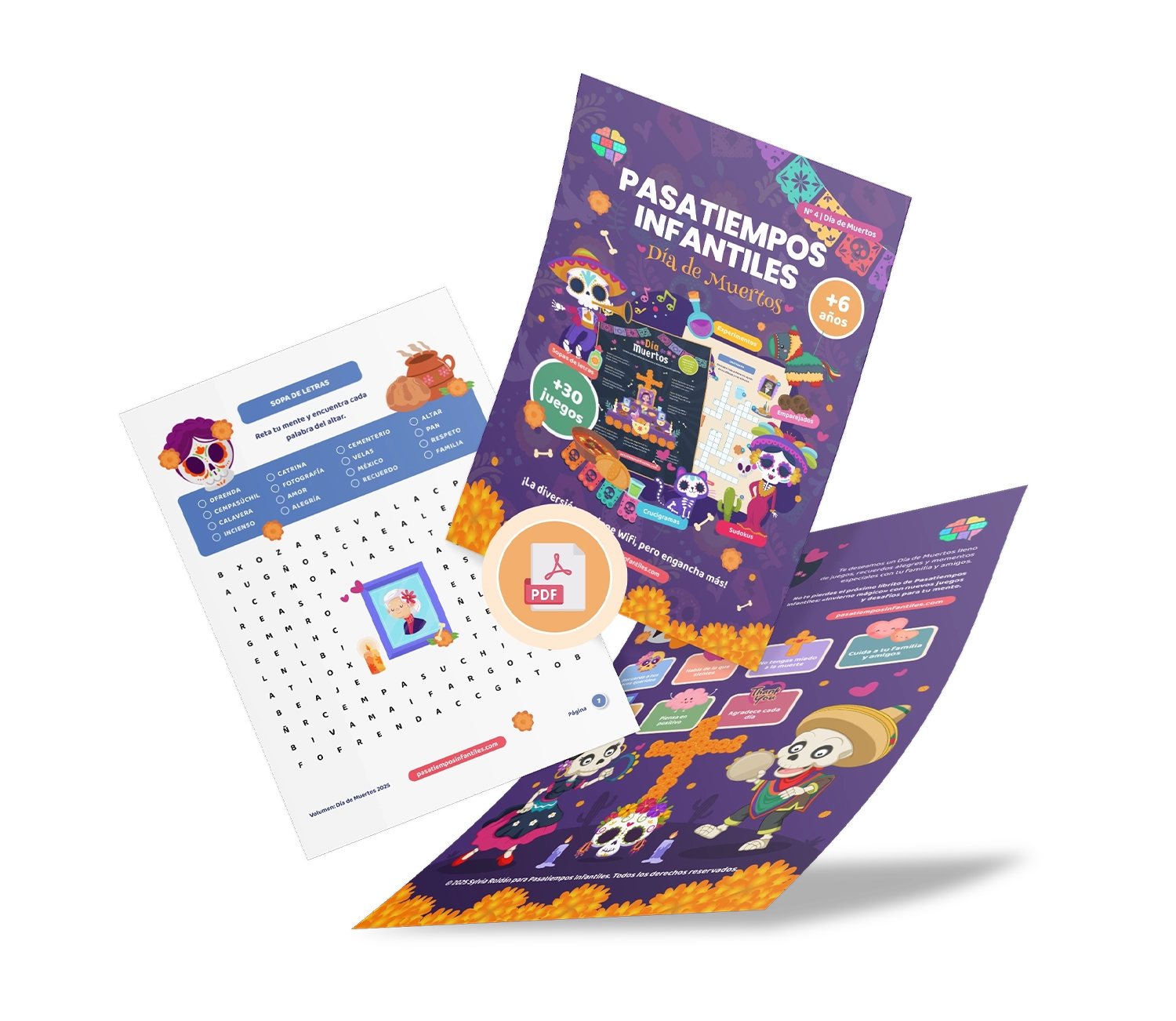libro de pasatiempos infantiles especial Día de Muertos en PDF para imprimir