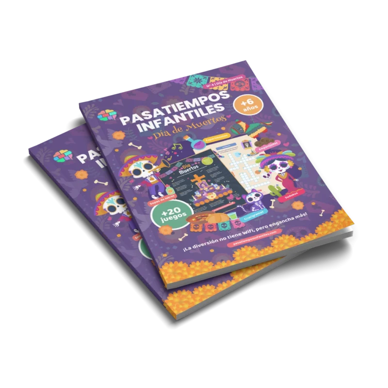 portada del libro de pasatiempos infantiles especial del Día de Muertos 2025 en papel