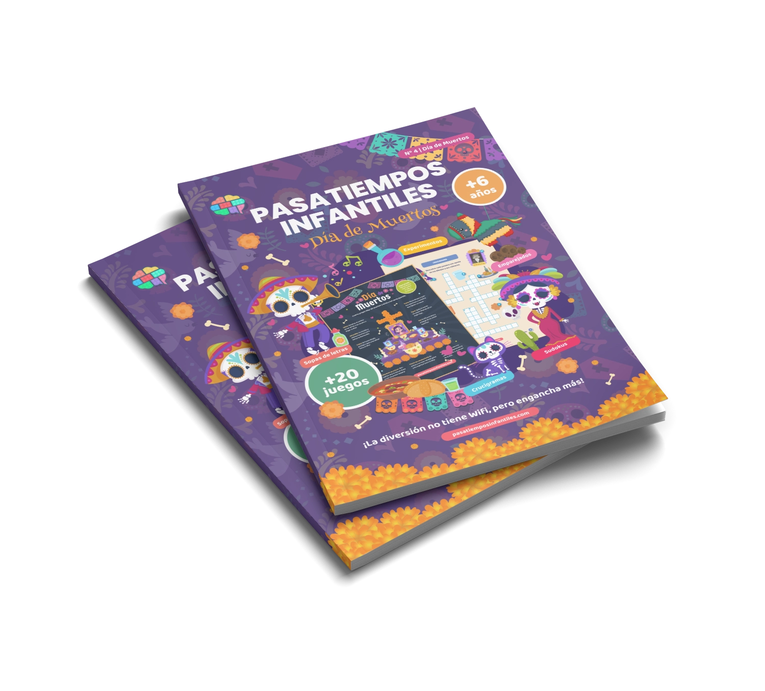 portada del libro de pasatiempos infantiles especial del Día de Muertos 2025 en papel