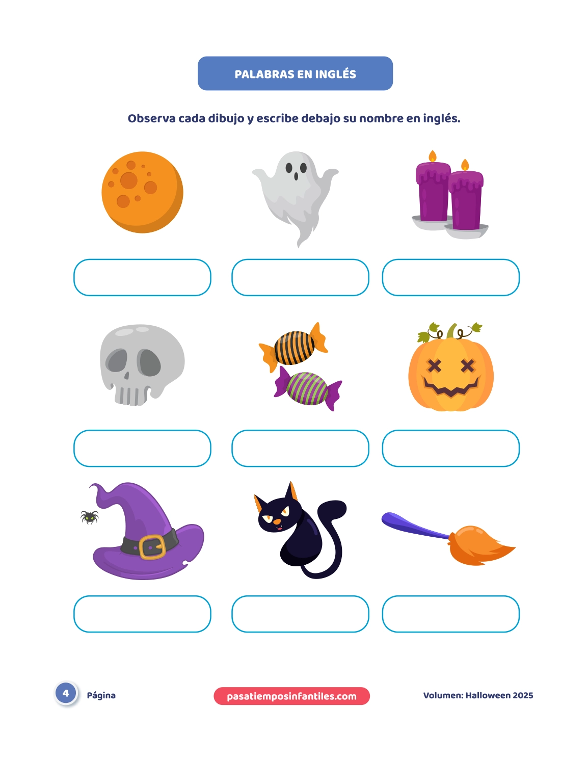 libro de Pasatiempos infantiles especial Halloween juego de palabras en inglés con dibujos