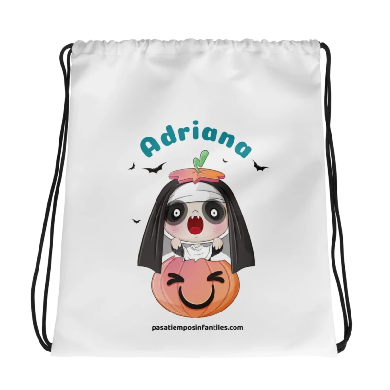 Mochila personalizada con nombre para niños, modelo Adriana, con diseño de calabaza de Halloween.