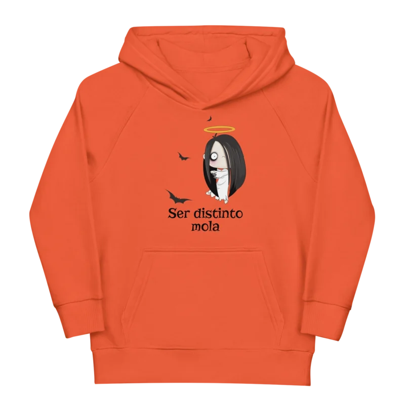 Sudadera infantil naranja con monjita de Halloween y frase Ser distinto mola