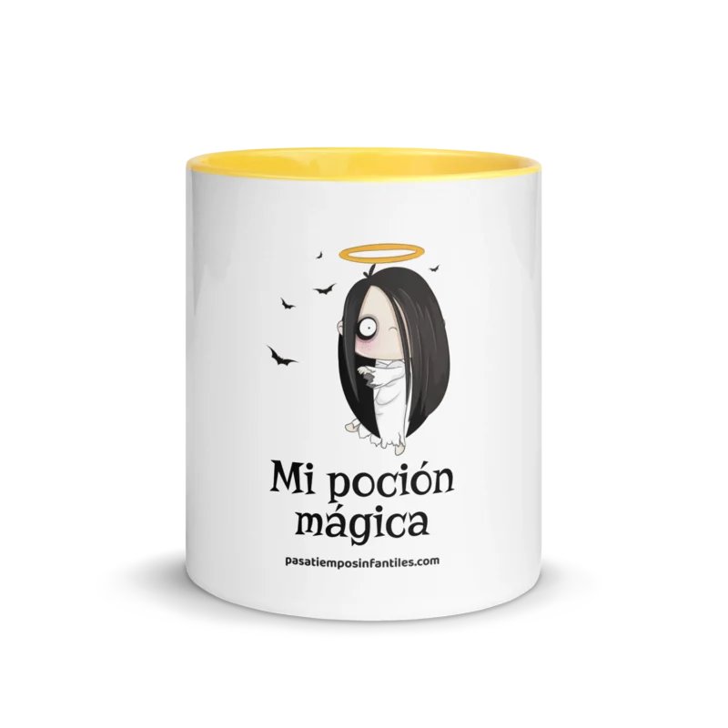 Taza color amarillo con ilustración de niña fantasma de Pasatiempos Infantiles y texto Mi poción mágica