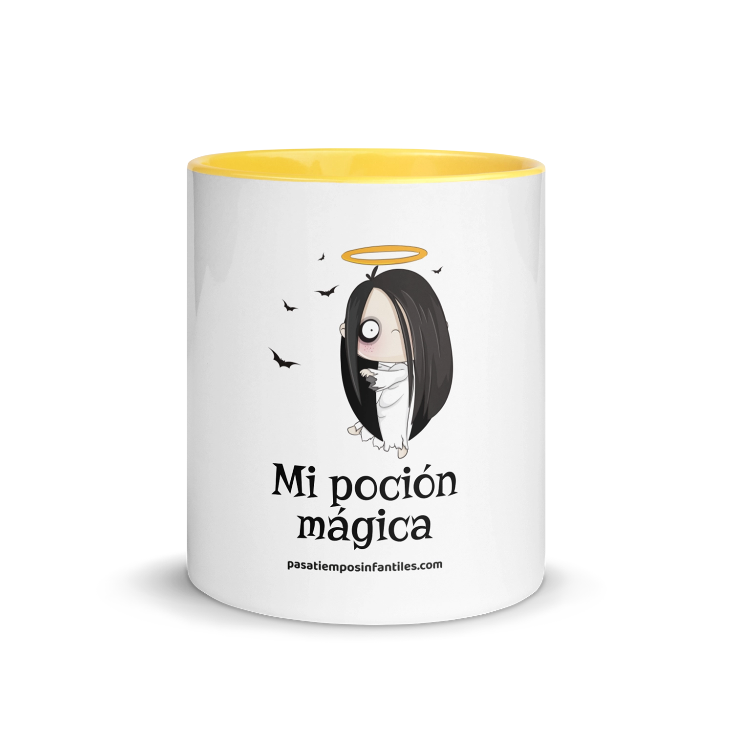 Taza color amarillo con ilustración de niña fantasma de Pasatiempos Infantiles y texto Mi poción mágica