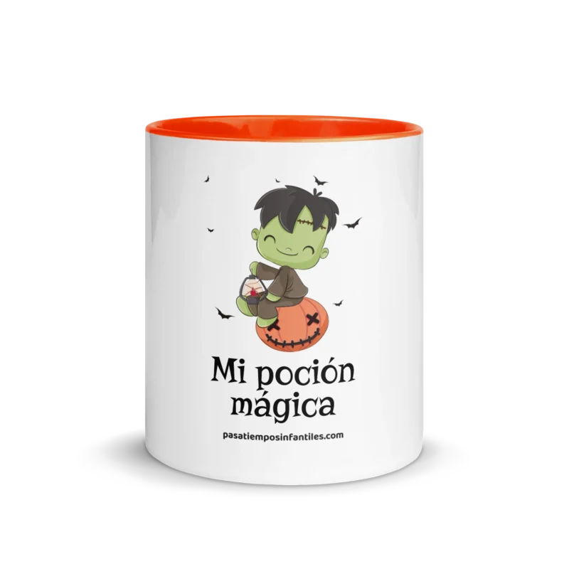 Taza Halloween Frankie Mi poción mágica – Taza con interior naranja y diseño de Frankie sobre una calabaza con la frase "Mi poción mágica"