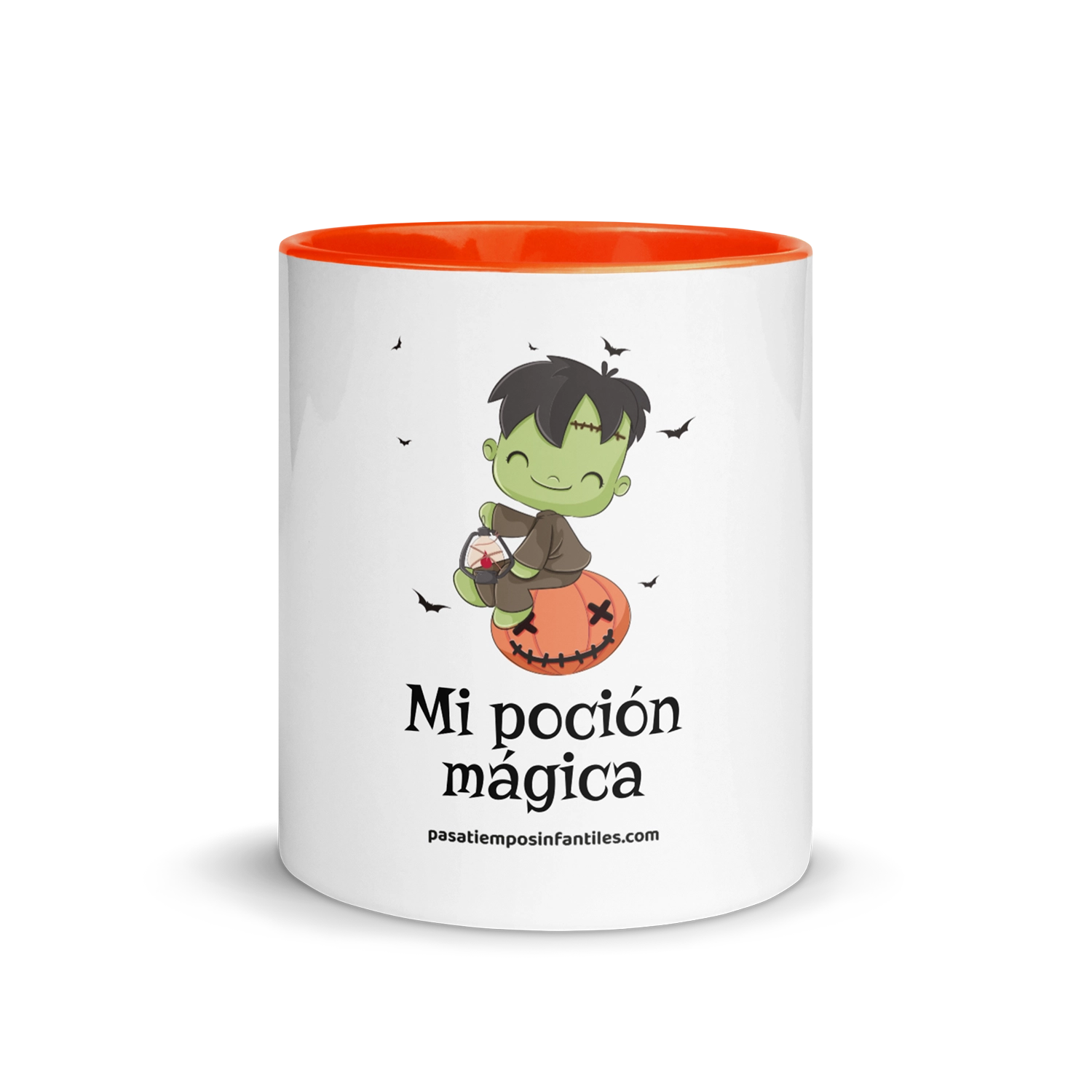 Taza Halloween Frankie Mi poción mágica – Taza con interior naranja y diseño de Frankie sobre una calabaza con la frase "Mi poción mágica"