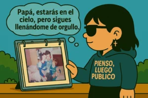 Ilustración de Sylvia Roldán con sudadera "Pienso Luego Publico" mirando una foto familiar con su padre y su hermana, con el texto "Papá, estarás en el cielo, pero sigues llenándome de orgullo". Imagen emocional sobre el amor familiar y el recuerdo de un padre.