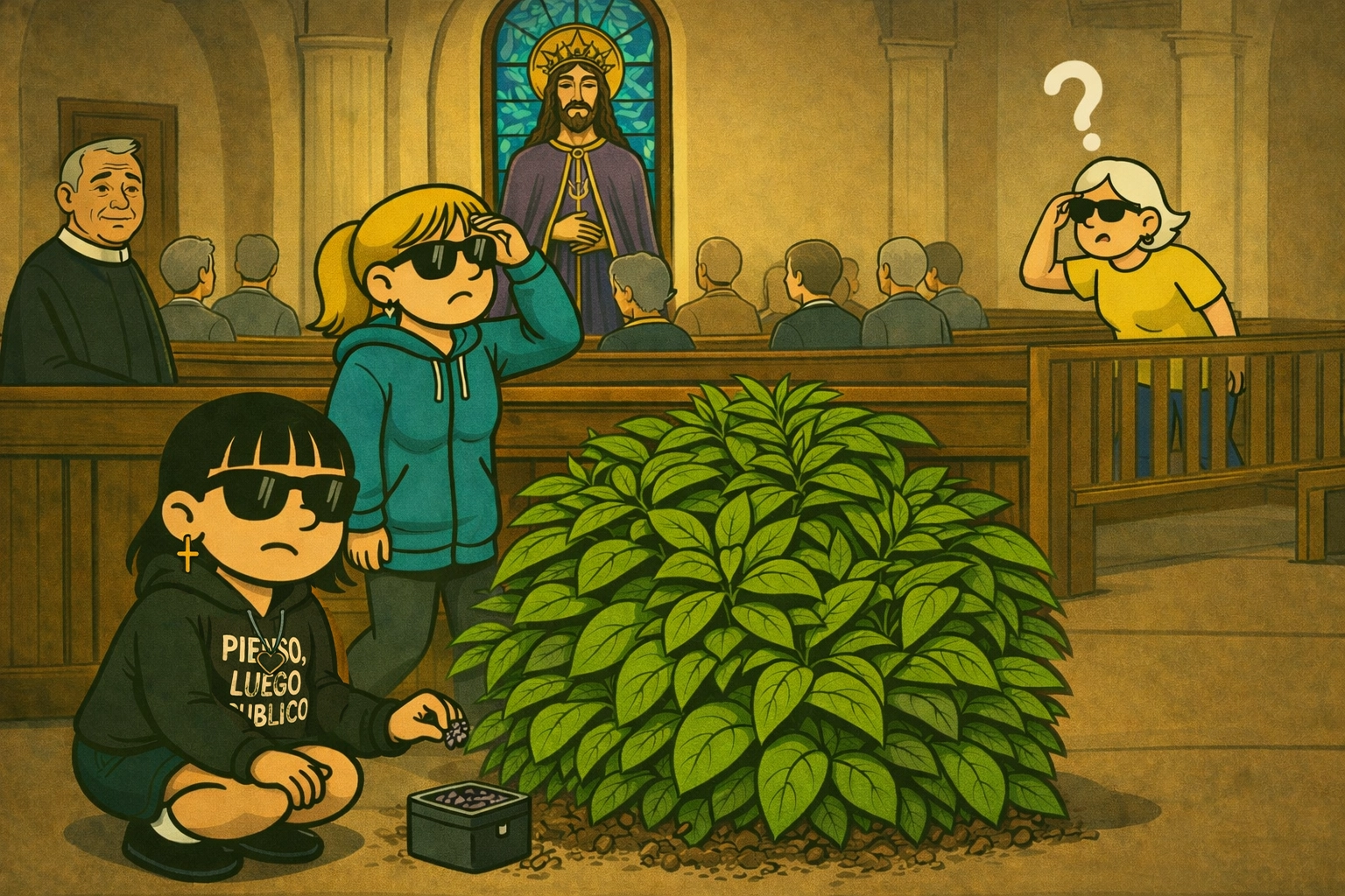 Ilustración gamberra de una escena en la iglesia de Jesús de Medinaceli con una mujer agachada junto a una planta, su hermana vigilando, un cura observando y una escena familiar cargada de humor, memoria y homenaje
