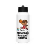 Botella de acero blanca de Micky Saltos con ilustración de baloncesto y el lema "Mi energía no tiene límites" del método Gatunix