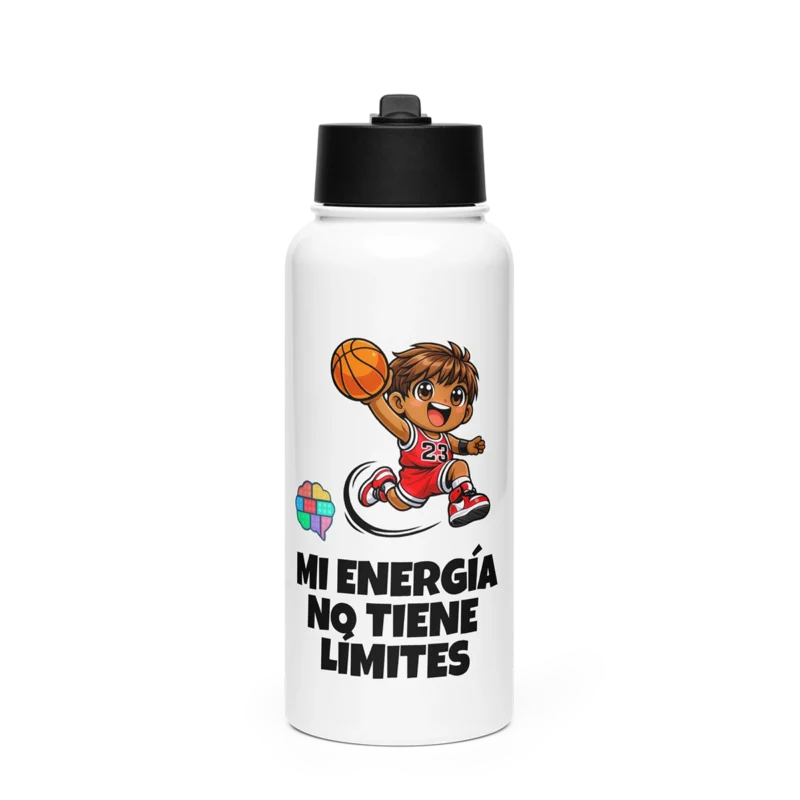 Botella de acero blanca de Micky Saltos con ilustración de baloncesto y el lema "Mi energía no tiene límites" del método Gatunix