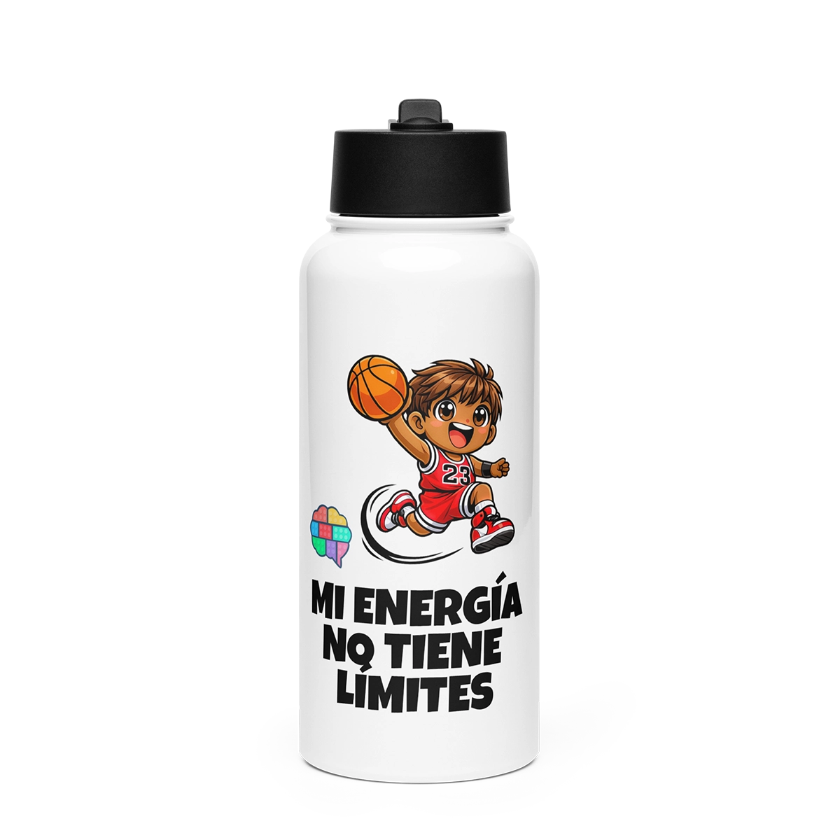 Botella de acero blanca de Micky Saltos con ilustración de baloncesto y el lema "Mi energía no tiene límites" del método Gatunix