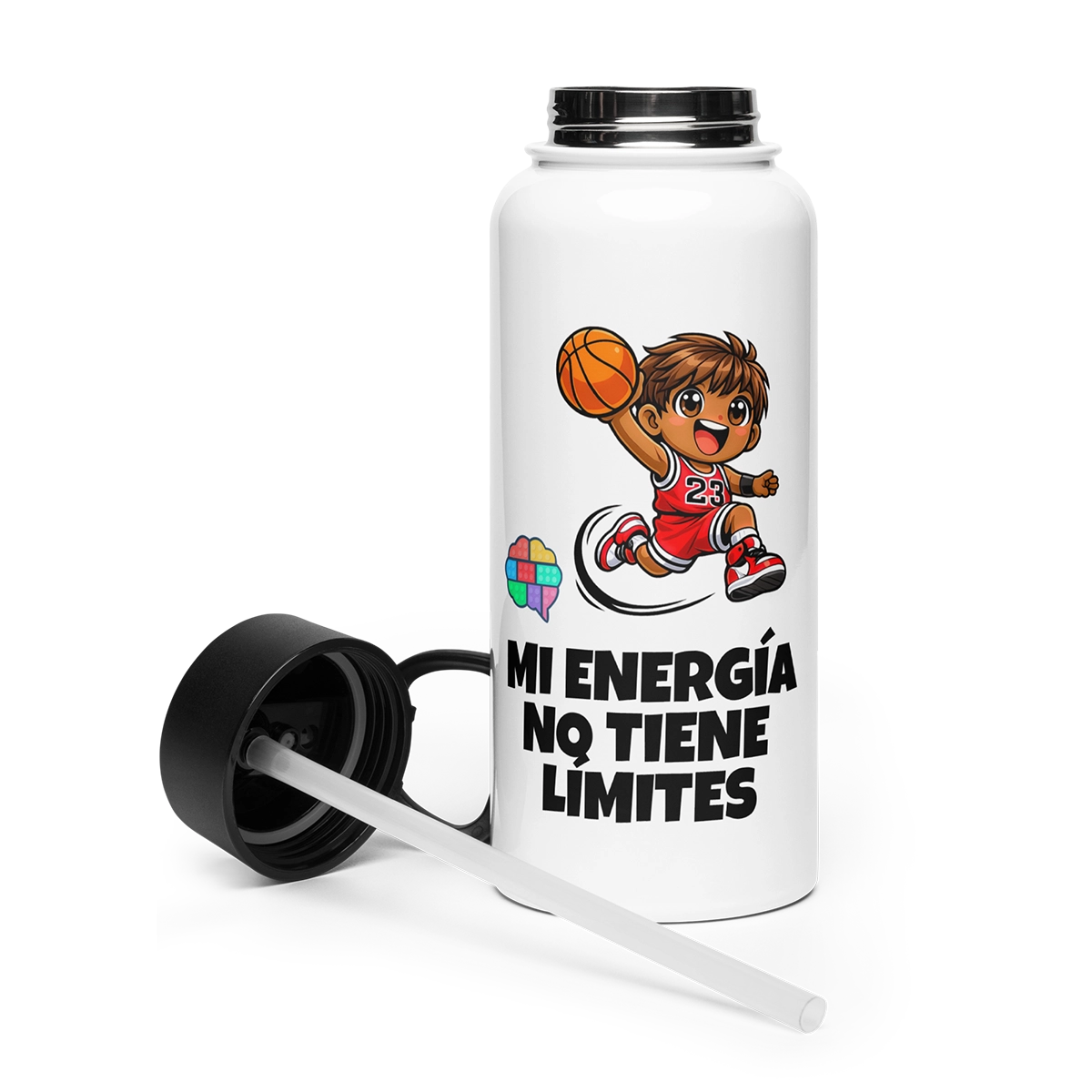 Botella de acero blanca de Micky Saltos con ilustración de baloncesto, lema "Mi energía no tiene límites" y pajita plegable