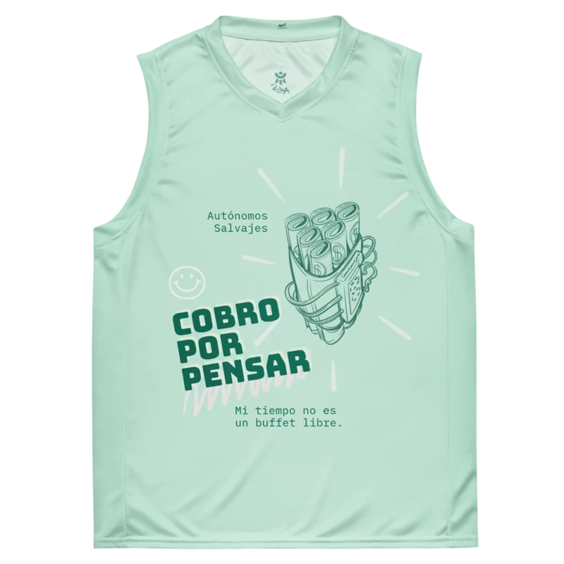 Vista frontal de la camiseta de baloncesto técnica color verde de Autónomos Salvajes con el diseño Cobro por pensar.