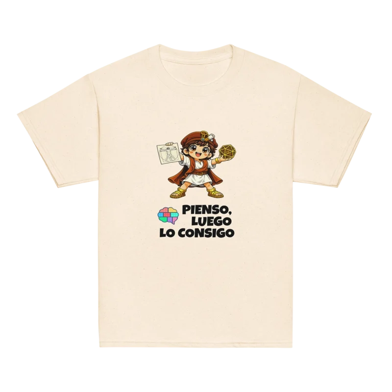 Camiseta blanca de Leo Polimatix con el lema Pienso, luego lo consigo y el logotipo del cerebro Gatunix para niños