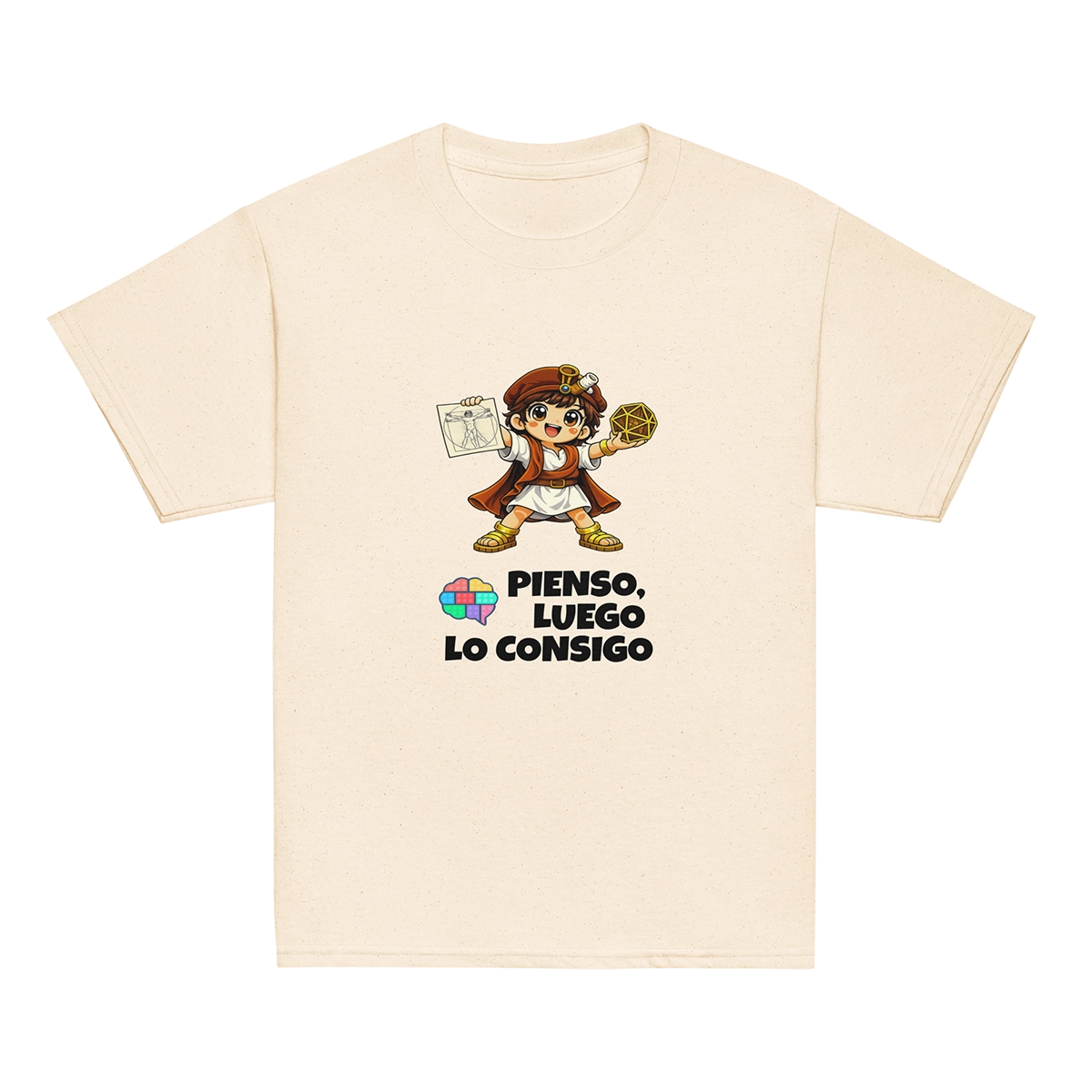Camiseta blanca de Leo Polimatix con el lema Pienso, luego lo consigo y el logotipo del cerebro Gatunix para niños