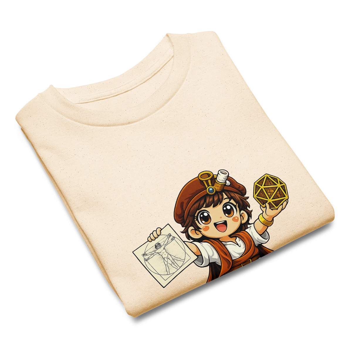 Camiseta color natural de Leo Polimatix con ilustración de Da Vinci y poliedro geométrico, equipamiento oficial del método Gatunix