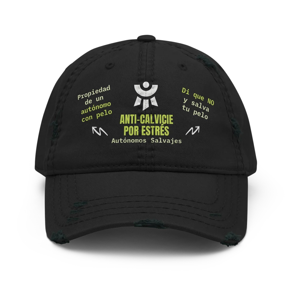 Gorra negra desgastada para autónomos con diseño estratégico Anti-Calvicie por Estrés de la marca Autónomos Salvajes.