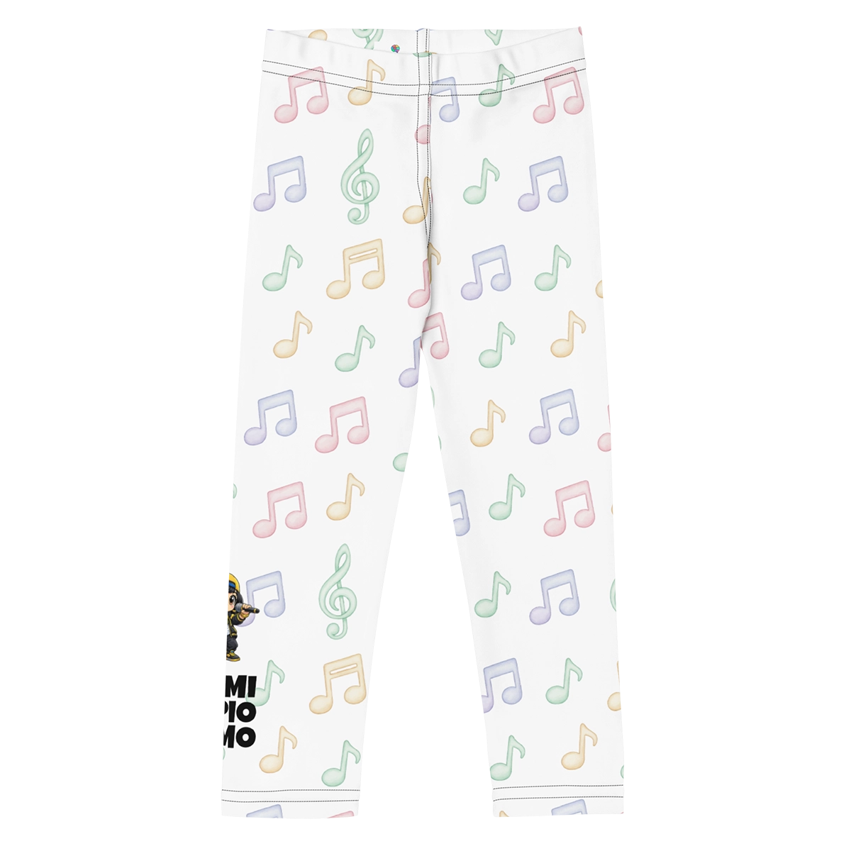 Vista delantera de los leggings oficiales de Nota Loca del método Gatunix con estampado integral de notas musicales de colores