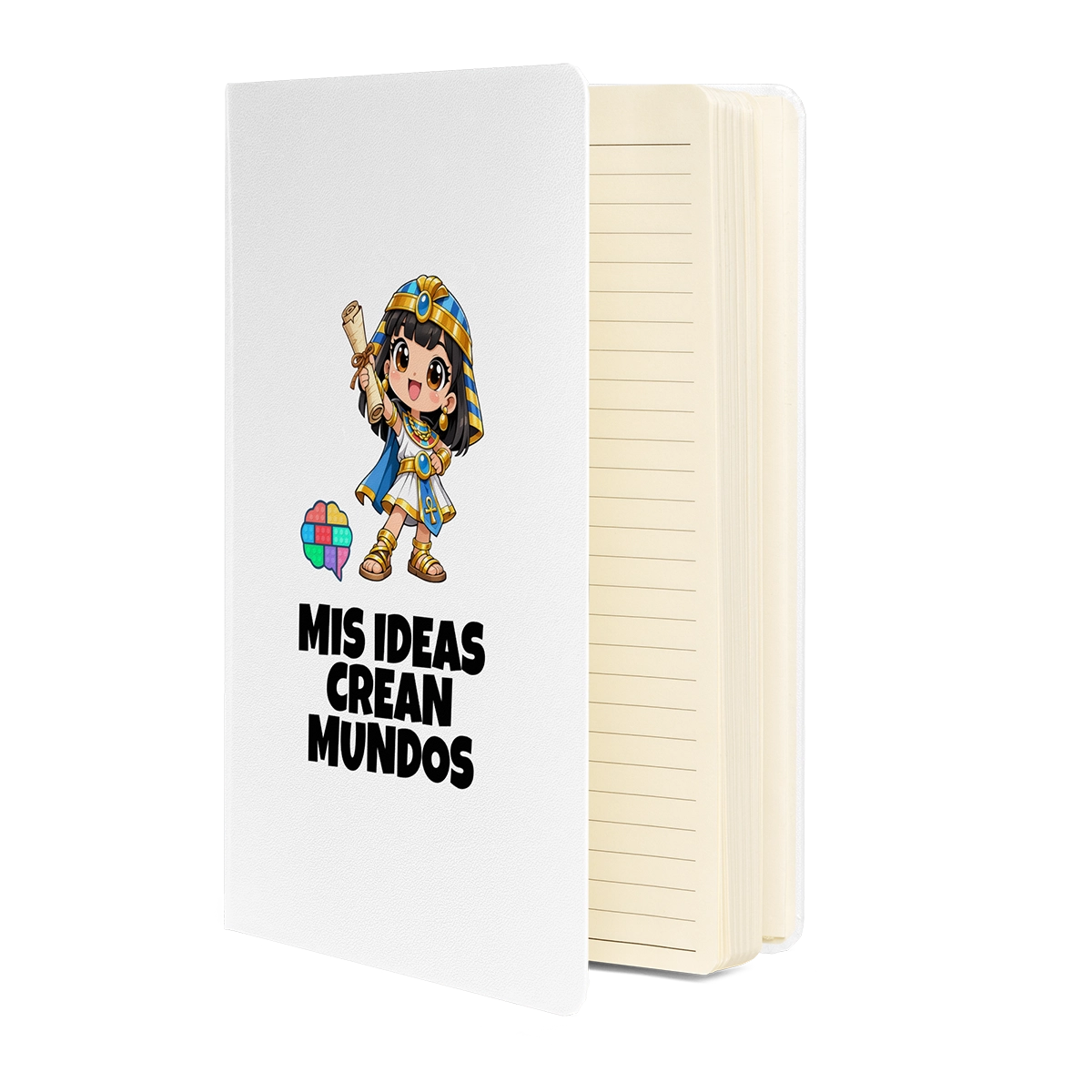 Libreta de tapa dura color blanco de Cleo Conexión con el lema "Mis ideas crean mundos" y el logotipo del cerebro Gatunix