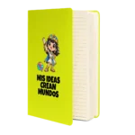 Libreta de tapa dura color lima de Cleo Conexión con el lema "Mis ideas crean mundos" y el logotipo del cerebro Gatunix