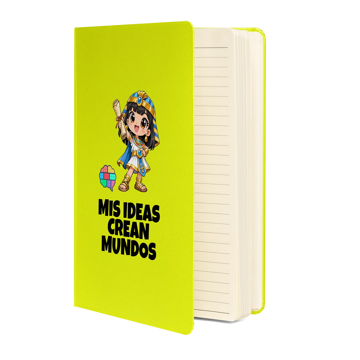 Libreta de tapa dura color lima de Cleo Conexión con el lema "Mis ideas crean mundos" y el logotipo del cerebro Gatunix