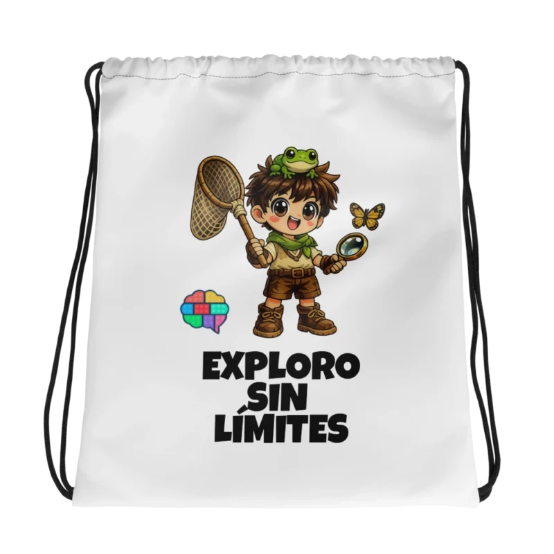 Mochila de cuerdas blanca de Charly Explora con ilustración de explorador y el lema "Exploro sin límites" del método Gatunix
