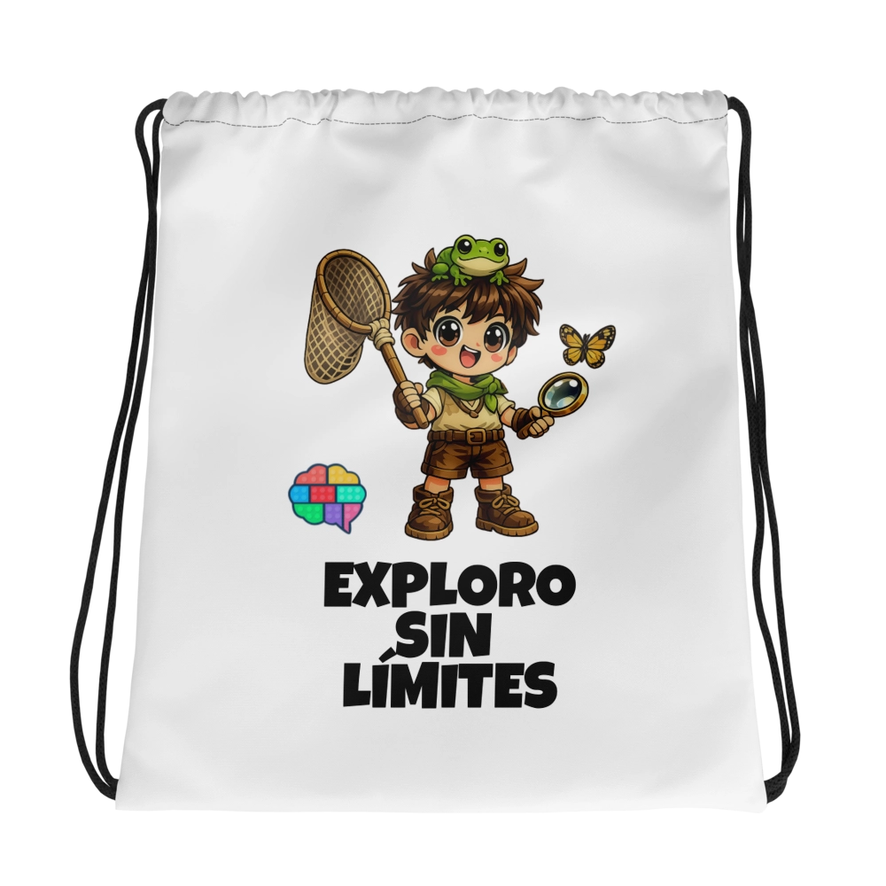 Mochila de cuerdas blanca de Charly Explora con ilustración de explorador y el lema "Exploro sin límites" del método Gatunix