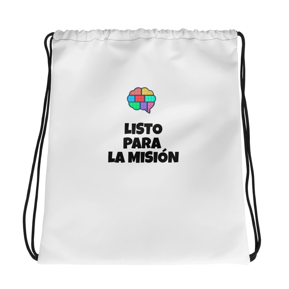 Parte trasera de la mochila de cuerdas Gatunix con el logotipo del cerebro de colores y el lema de entrenamiento "Listo para la misión