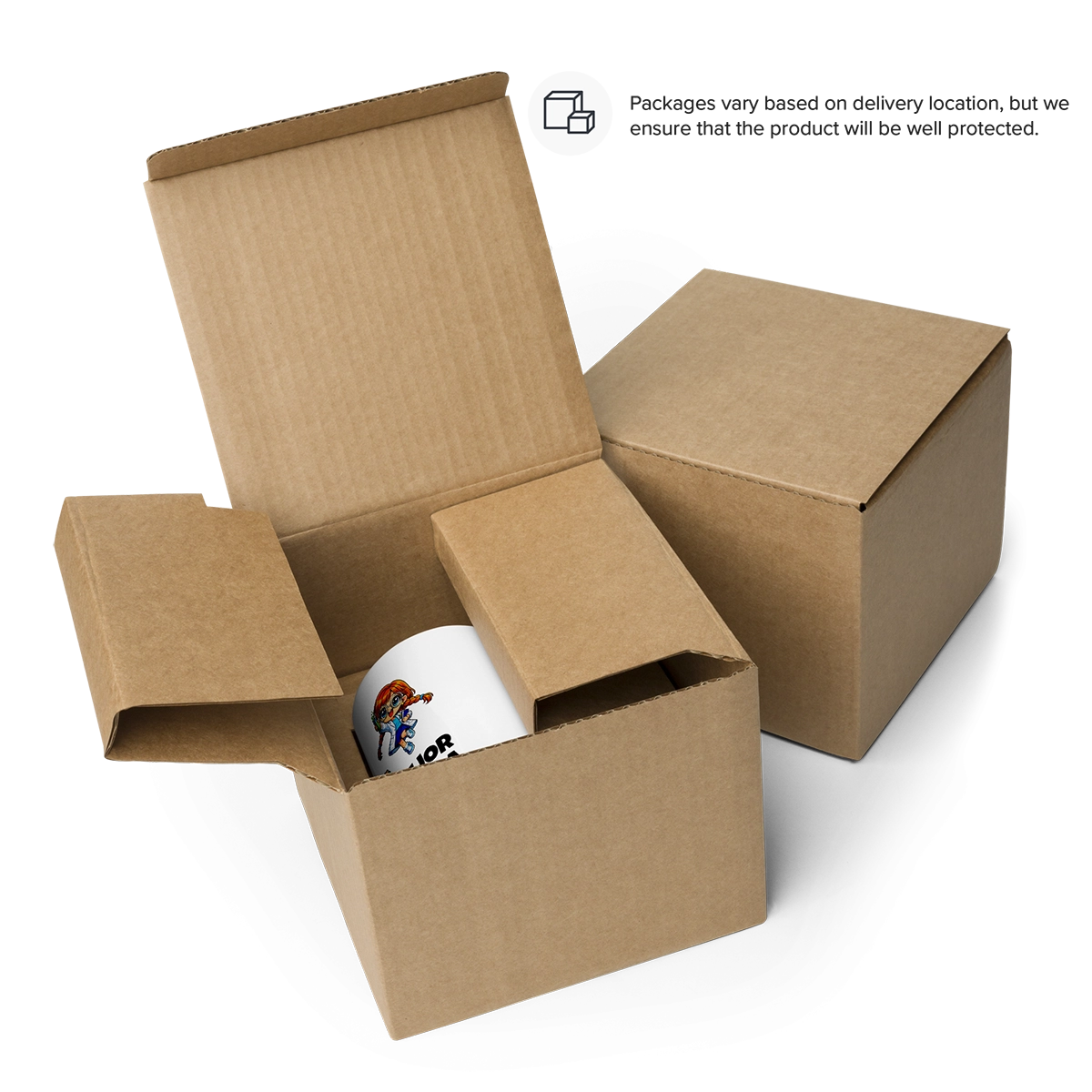 Taza de Marie Ciencia protegida en su caja de cartón reforzada para envío seguro del Mercado de San Melones