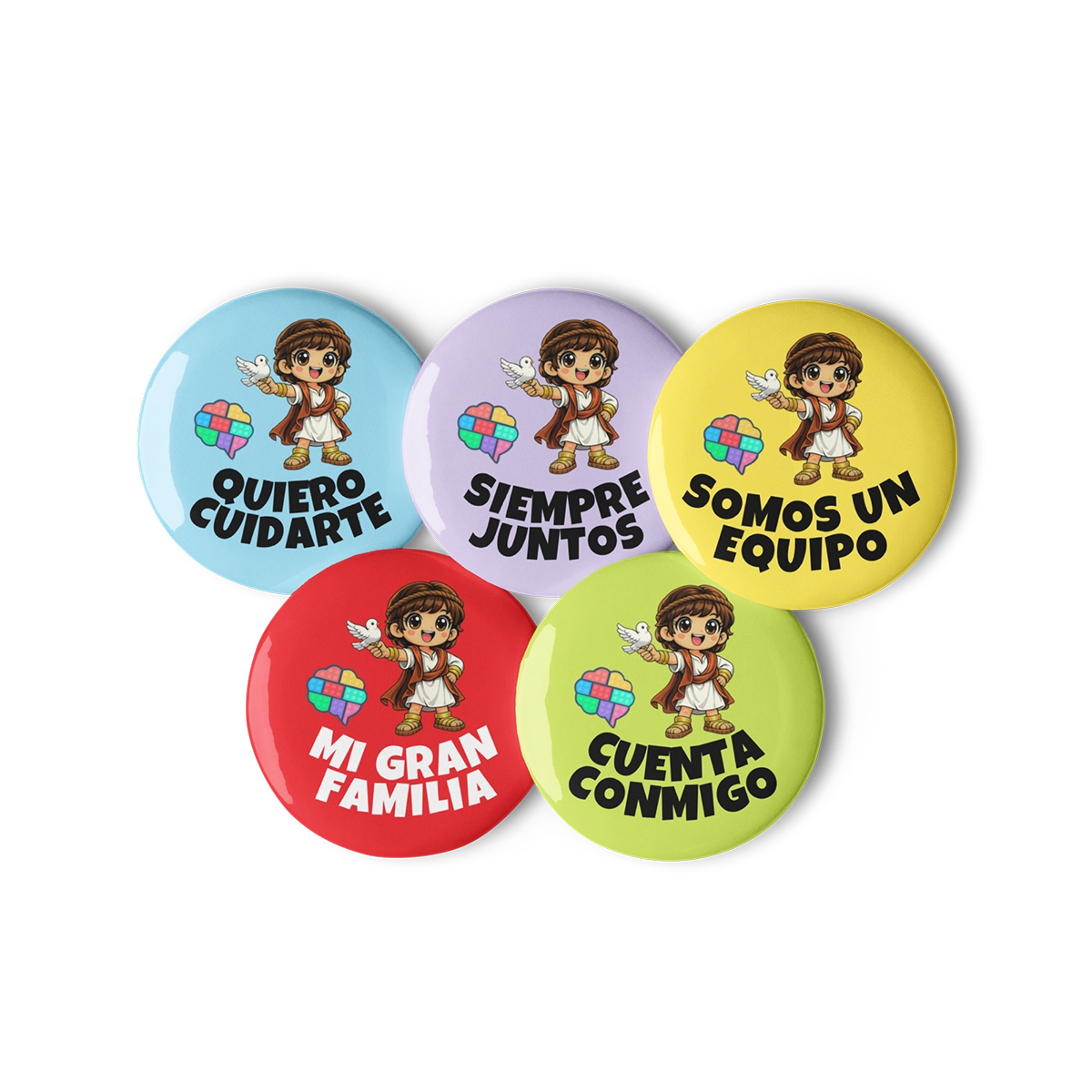 Presentación frontal de las 5 insignias de Jesús Amor de 32 mm con los lemas de inteligencia interpersonal del método Gatunix
