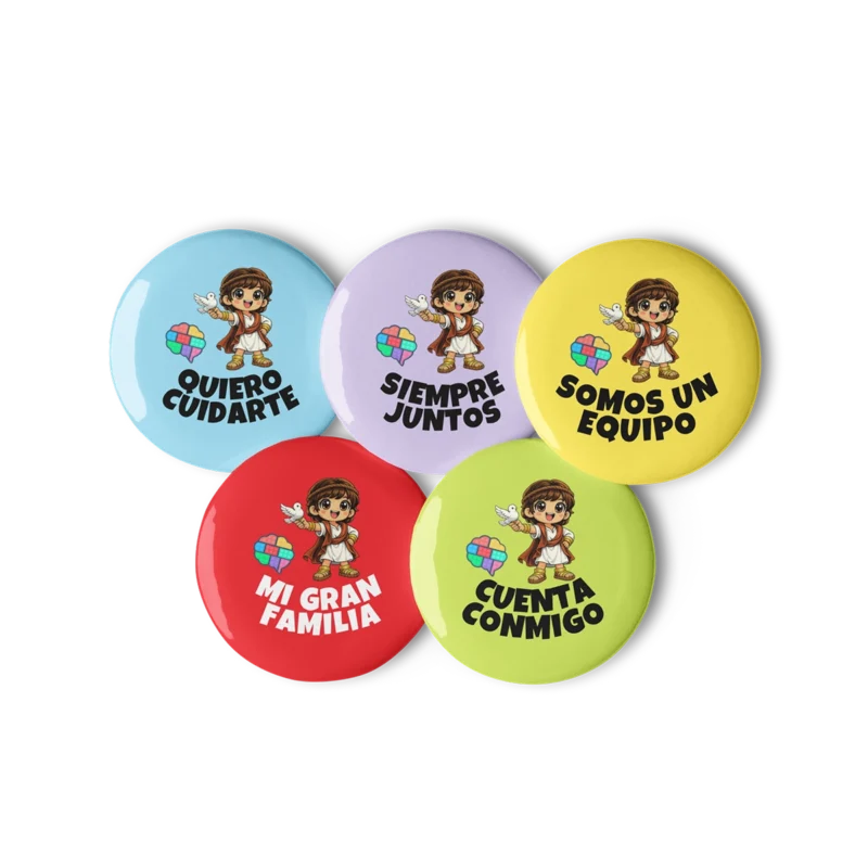 Vista frontal del juego de 5 insignias Gatunix de 58 mm con los lemas Quiero cuidarte, Siempre juntos, Somos un equipo, Mi gran familia y Cuenta conmigo
