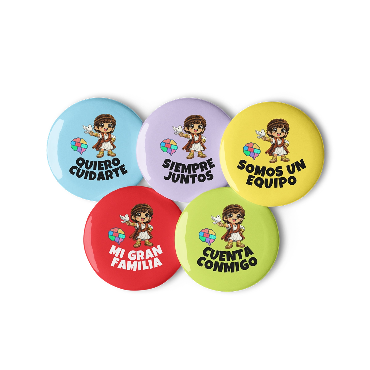 Vista frontal del juego de 5 insignias Gatunix de 58 mm con los lemas Quiero cuidarte, Siempre juntos, Somos un equipo, Mi gran familia y Cuenta conmigo