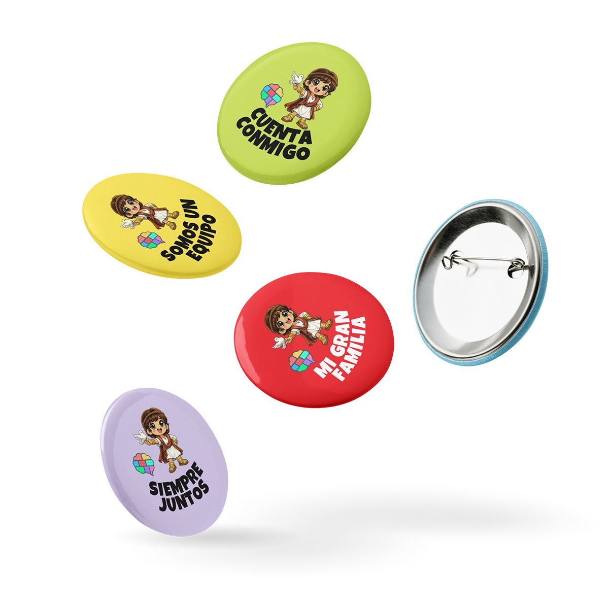 Composición de cuatro insignias de Jesús Amor de 58 mm mostrando el reverso metálico de seguridad y los lemas Cuenta conmigo, Somos un equipo, Siempre juntos y Mi gran familia