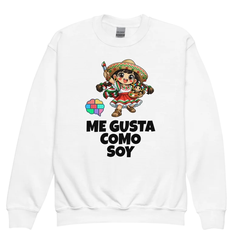 Niño y niña con la sudadera oficial de Frida Emociones en color blanco roto, mostrando el lema de autoaceptación Me gusta como soy