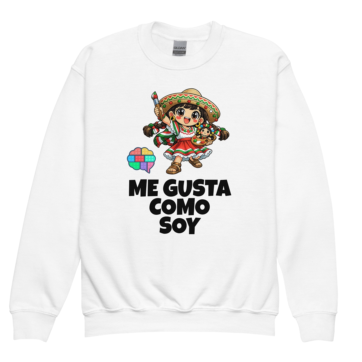 Niño y niña con la sudadera oficial de Frida Emociones en color blanco roto, mostrando el lema de autoaceptación Me gusta como soy