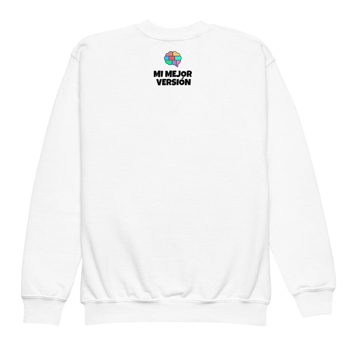 Vista trasera de la sudadera oficial de Frida Emociones mostrando el sello del cerebro Gatunix y el lema de autoridad "MI MEJOR VERSIÓN" en la parte superior