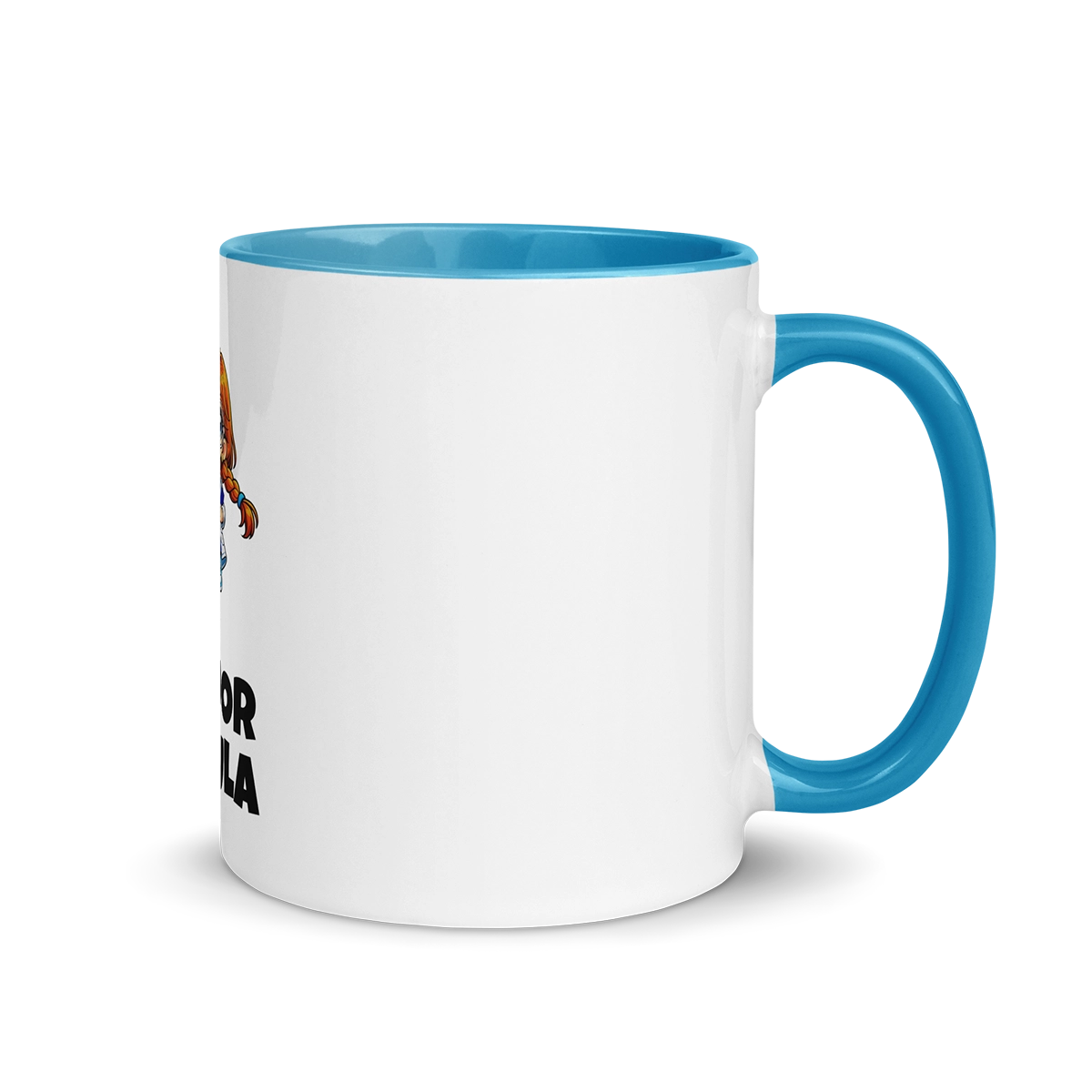 Vista lateral de la taza de cerámica de 325ml (11 oz) mostrando el asa ergonómica azul cian y el perfil del diseño de Marie Ciencia