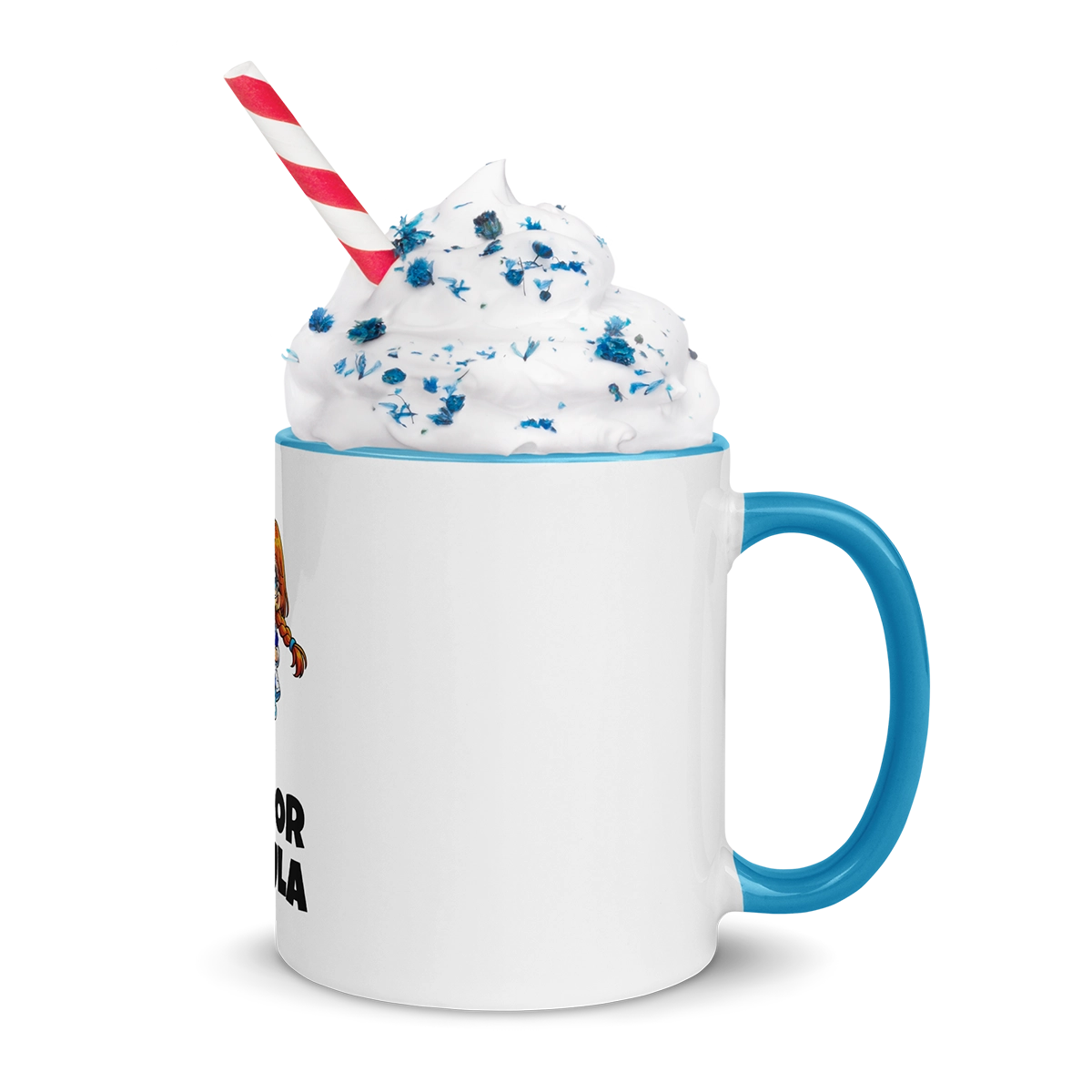 Taza grande de 325ml (11 oz) con interior azul cian rellena de batido con nata, mostrando el diseño técnico de Marie Ciencia