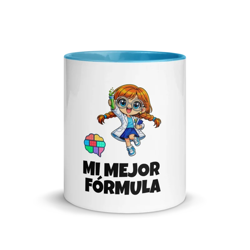 Taza de cerámica de 325 ml con el personaje Marie Ciencia, interior azul cian y el lema de inteligencia lógica "Mi mejor fórmula"