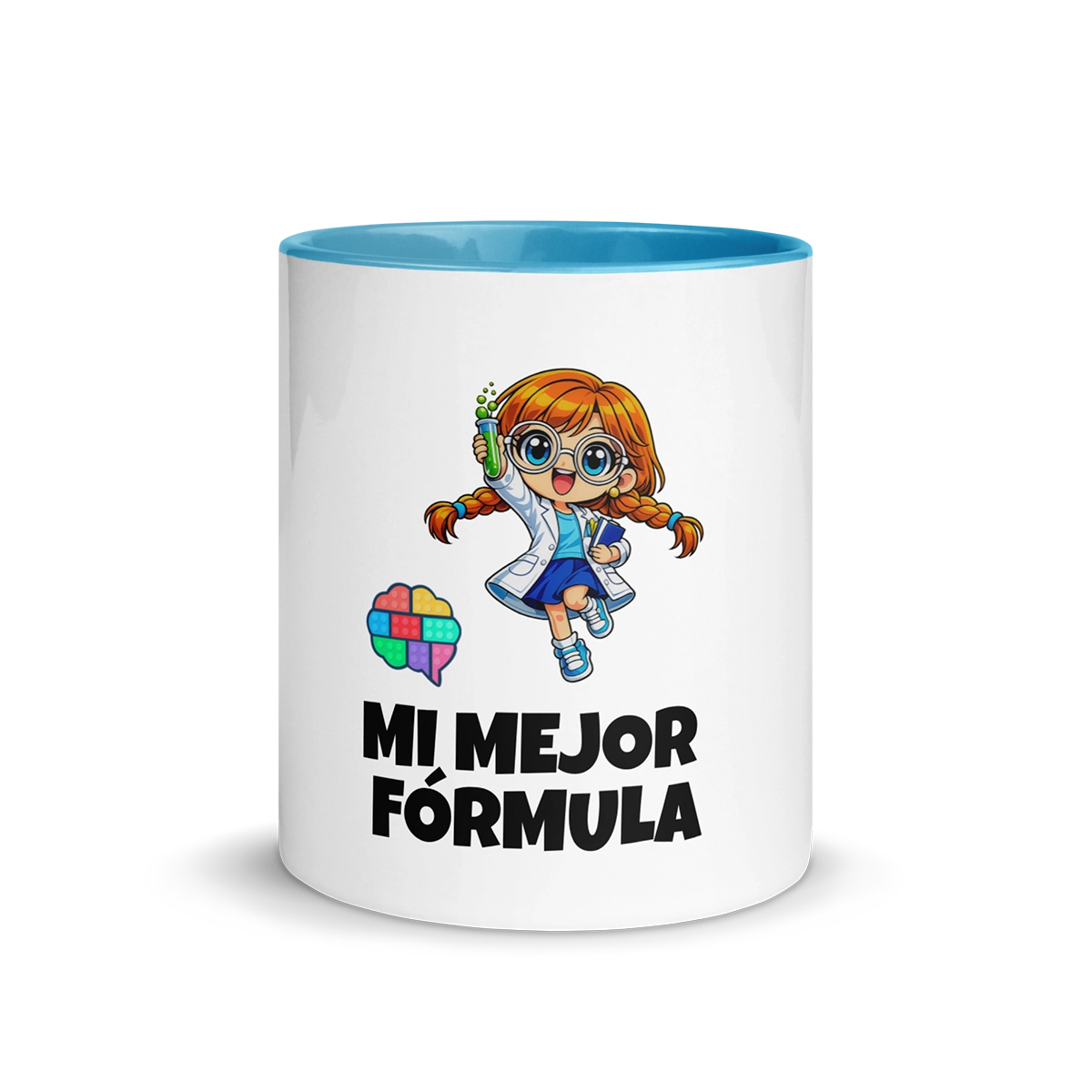 Taza de cerámica de 325 ml con el personaje Marie Ciencia, interior azul cian y el lema de inteligencia lógica "Mi mejor fórmula"