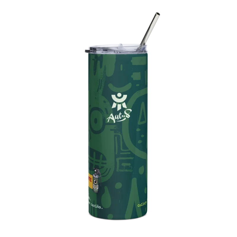 Vaso térmico de acero inoxidable con diseño verde de Autónomos Salvajes y pajita de metal para evitar el estrés laboral.